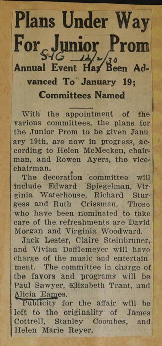 Plans Under Way for Junior Prom Newspaper Clipping, December 2, 1930