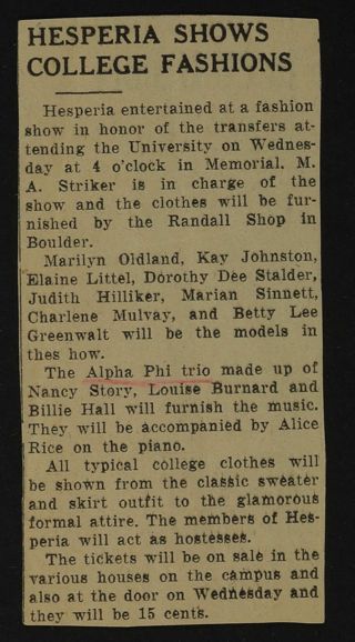 Hesperia Shows College Fashions Newspaper Clipping, c. 1924-1932
