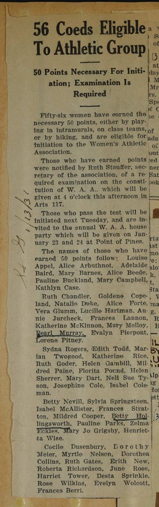56 Coeds Eligible to Athletic Group Newspaper Clipping, January 13, 1931
