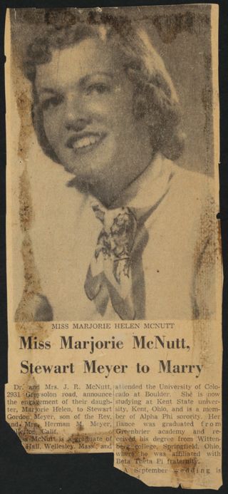 Miss Marjorie McNutt, Stewart Meyer to Marry Newspaper Clipping, c. 1954-1958