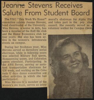 Jeanne Stevens Receives Salute From Student Board Newspaper Clipping, c. 1954 to 1955