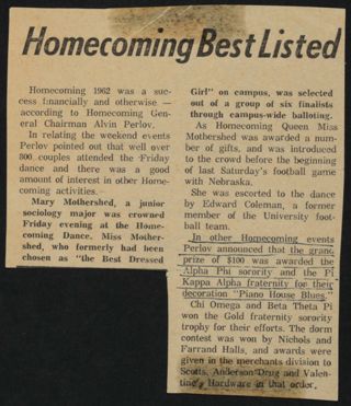 Homecoming Best Listed Newspaper Clipping, 1962