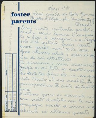 Maria Manfredi to Beta Gamma Chapter Letter in Italian, March 1954