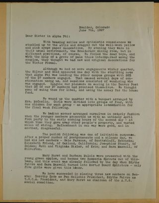 Beta Gamma of Alpha Phi to Sister in Alpha Phi Letter, June 7, 1927