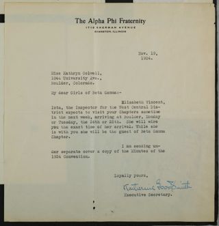 Katherine Smith to My Dear Girls of Beta Gamma Letter, November 19, 1924