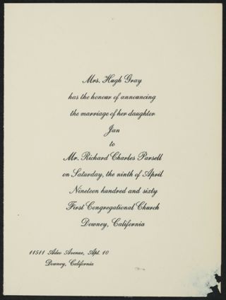 Jan Gray and Richard Parsell Wedding Invitation, April 9, 1960