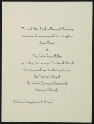 Jane Spensley and John Miller Wedding Invitation, March 25, 1960