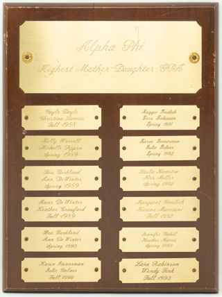 Alpha Phi Highest Mother-Daughter GPA Plaque, Fall 1988 to Fall 1993