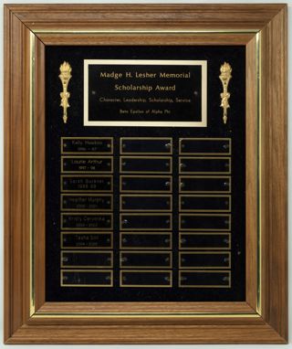 Madge H. Lesher Memorial Scholarship Award Plaque, 1996-2005