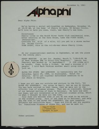 Helga Visscher to Alpha Phis Letter, November 8, 1983