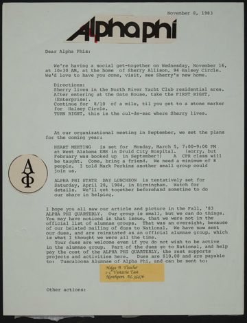 Helga Visscher to Alpha Phis Letter, November 8, 1983