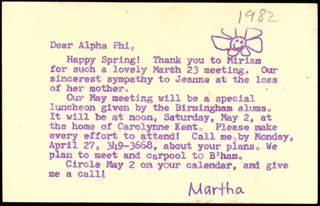 Martha to Alpha Phi Letter, 1982