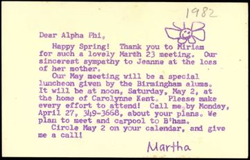 Martha to Alpha Phi Letter, 1982