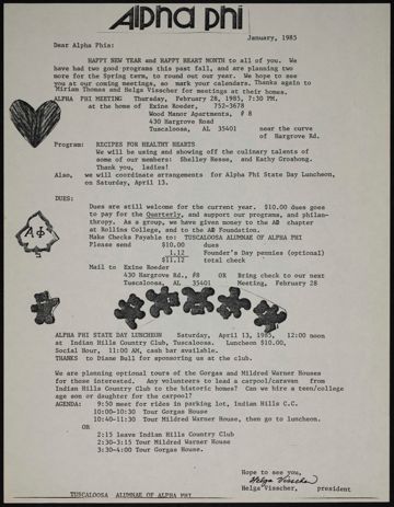 Helga Visscher to Alpha Phis Letter, January 1985