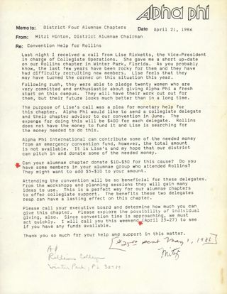 Mitzi Hinton to District Four Alumnae Chairman Memo, April 21, 1986