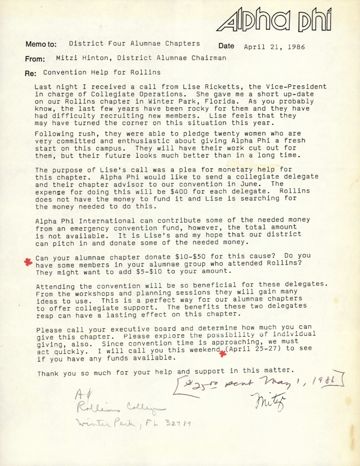 Mitzi Hinton to District Four Alumnae Chairman Memo, April 21, 1986