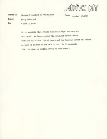 Wendy Kowalski to Alumnae President of Tuscaloosa Memo, October 18, 1989