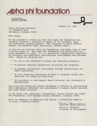 Sally Dearborn to Helga Visscher Letter, October 28, 1987
