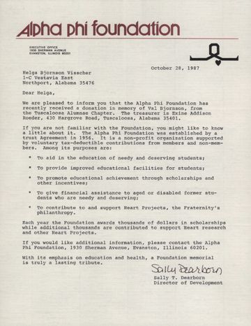 Sally Dearborn to Helga Visscher Letter, October 28, 1987