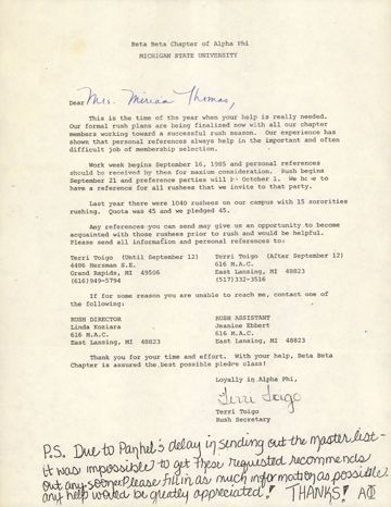 Terri Toigo to Miriam Thomas Letter