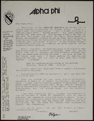 Helga Visscher to Alpha Phis Letter, c. 1988