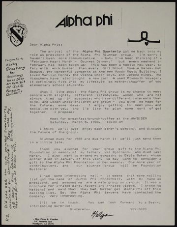 Helga Visscher to Alpha Phis Letter, c. 1988
