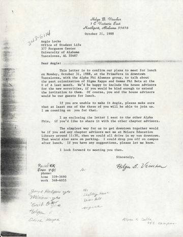 Helga Visscher to Angie Lock Letter, October 21, 1988