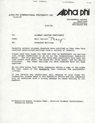 Mary Carroll to Alumnae Chapter Presidents Memo, April 26, 1992