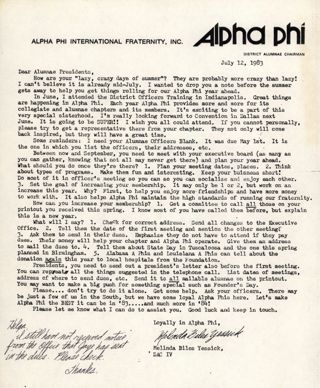Melinda Yessick to Alumnae Presidents Letter, July 12, 1983