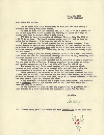 Shelley Hesse to Alpha Phi Officer Letter, December 15, 1979