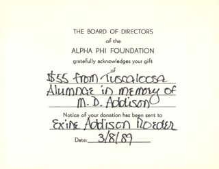 Alpha Phi Foundation Board of Directors to Helga Visscher Card, March 8, 1989