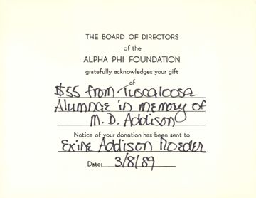 Alpha Phi Foundation Board of Directors to Helga Visscher Card, March 8, 1989