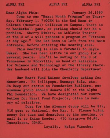 Helga Visscher to Alpha Phis Letter, January 26, 1990