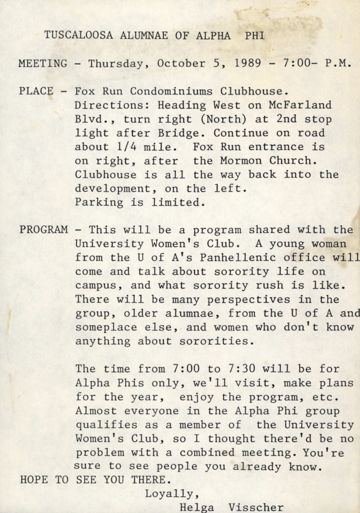 Helga Visscher to Tuscaloosa Alumnae of Alpha Phi Letter, c. October 5, 1989