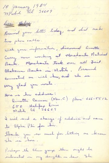 Louise Jones to Helga Visscher Letter, January 18, 1984