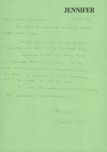 Jennifer Elin to Helga Visscher Letter, March 24, 1985