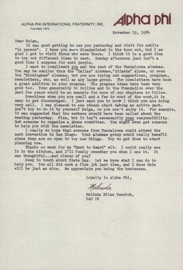 Melinda Yessick to Helga Visscher Letter, November 19, 1984