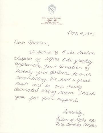 Beta Lambda Chapter to Alumni Letter, November 4, 1983