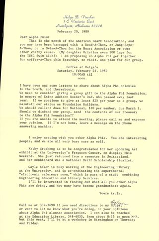 Helga Visscher to Alpha Phis Letter, February 20, 1989