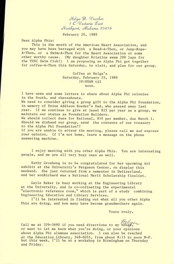 Helga Visscher to Alpha Phis Letter, February 20, 1989