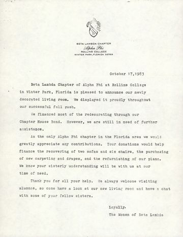 The Women of Beta Lambda Chapter Open Letter, October 17, 1983