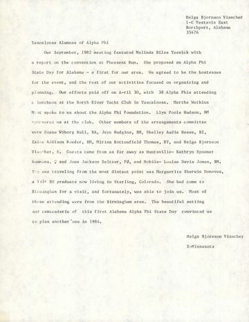 Helga Visscher to Tuscaloosa Alumnae of Alpha Phi Letter, 1982