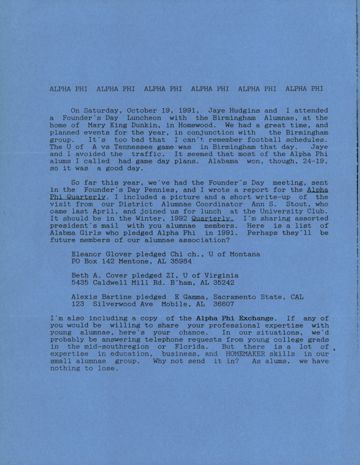 Helga Visscher to Birmingham Alumnae Chapter Letter 1, 1991