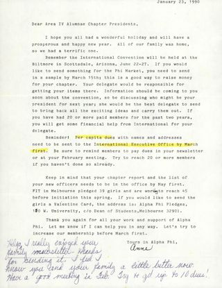 Anne to Area IV Alumnae Chapter Presidents Letter, January 23, 1990