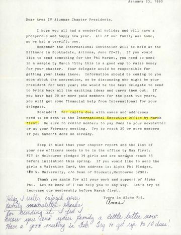 Anne to Area IV Alumnae Chapter Presidents Letter, January 23, 1990
