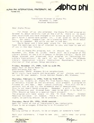 Helga Visscher to Tuscaloosa Alumnae Chapter Letter, November 1, 1989