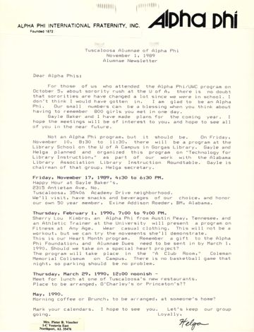 Helga Visscher to Tuscaloosa Alumnae Chapter Letter, November 1, 1989