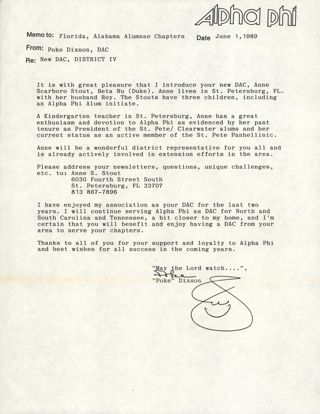Poke Dixson to Florida and Alabama Alumnae Chapters Memo, June 1, 1989