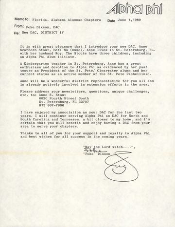 Poke Dixson to Florida and Alabama Alumnae Chapters Memo, June 1, 1989