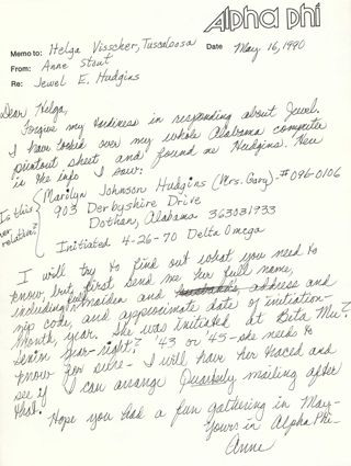 Anne Stout to Helga Visscher Memo, May 16, 1990